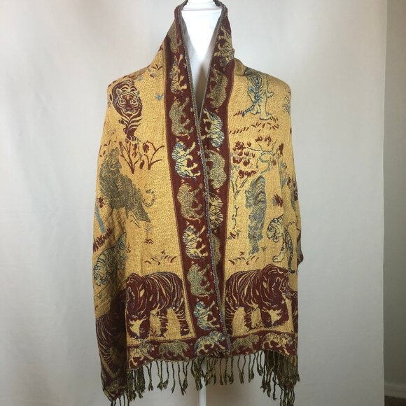 Vintage Wildlife Jacquard Pashmina-Style Shawl – Tigers, Elephants & Birds – Rev - Picture 8 of 16
